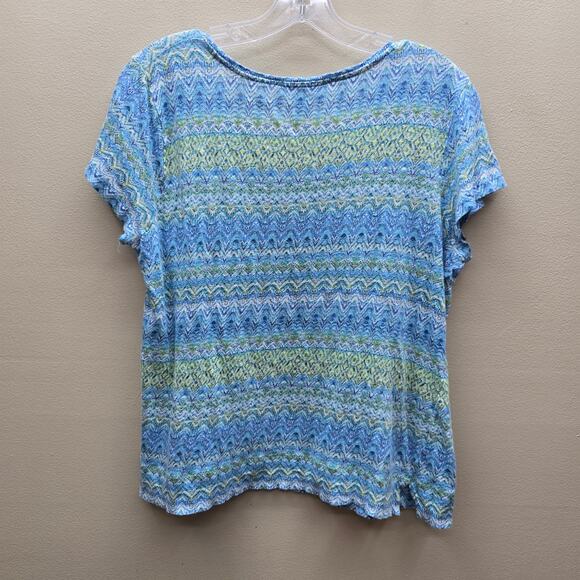 J. Jill 100% Linen Geometric Print V-Neck Short Sleeve Top Blue Green SZ Medium - Picture 2 of 6